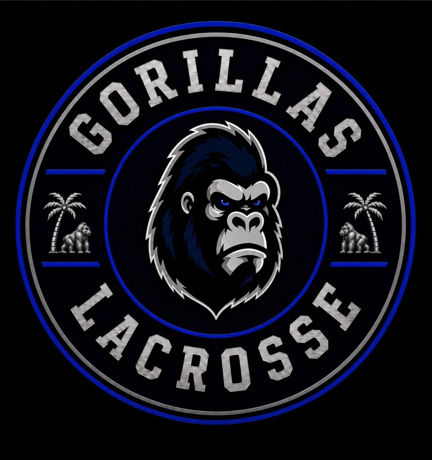 Gorillas Lacrosse logo with a gorilla head in black, white, and blue circular emblem