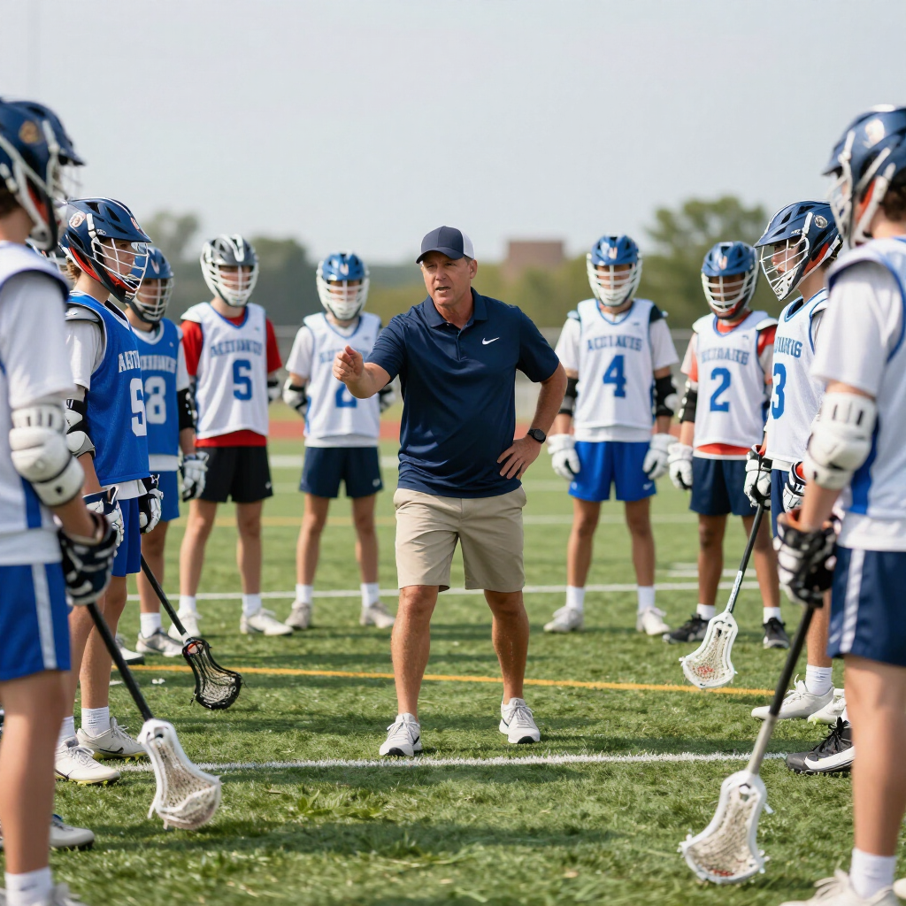 Lacrosse coach giving instructions to players standing in a circle on a field