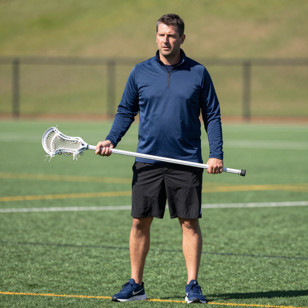 Man holding a lacrosse stick on a grassy sports field, wearing a blue long-sleeve shirt and black shorts.