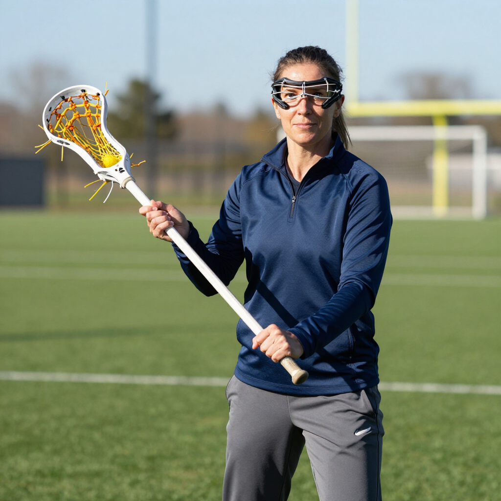 Person holding a lacrosse stick on a field, wearing goggles and a navy pullover.