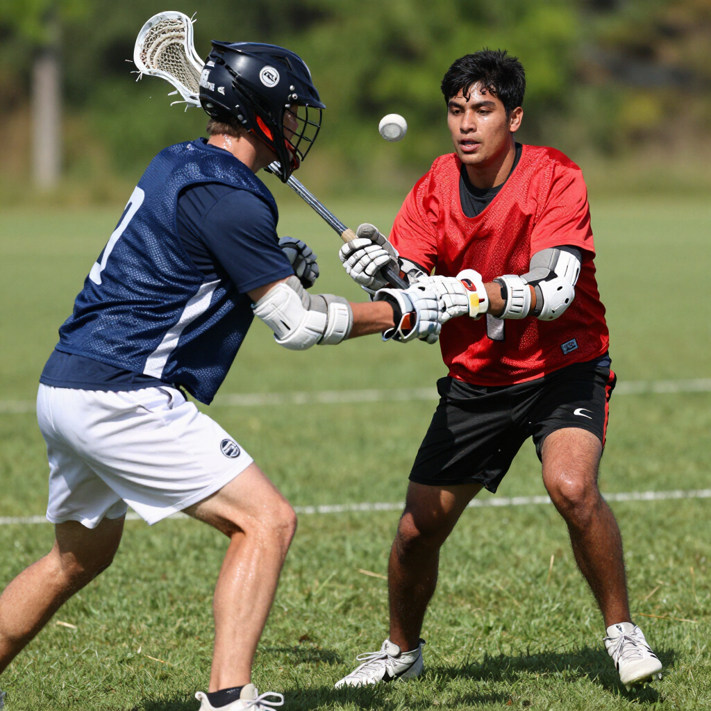 Two lacrosse players in red and blue jerseys battle for the ball on a grassy field.