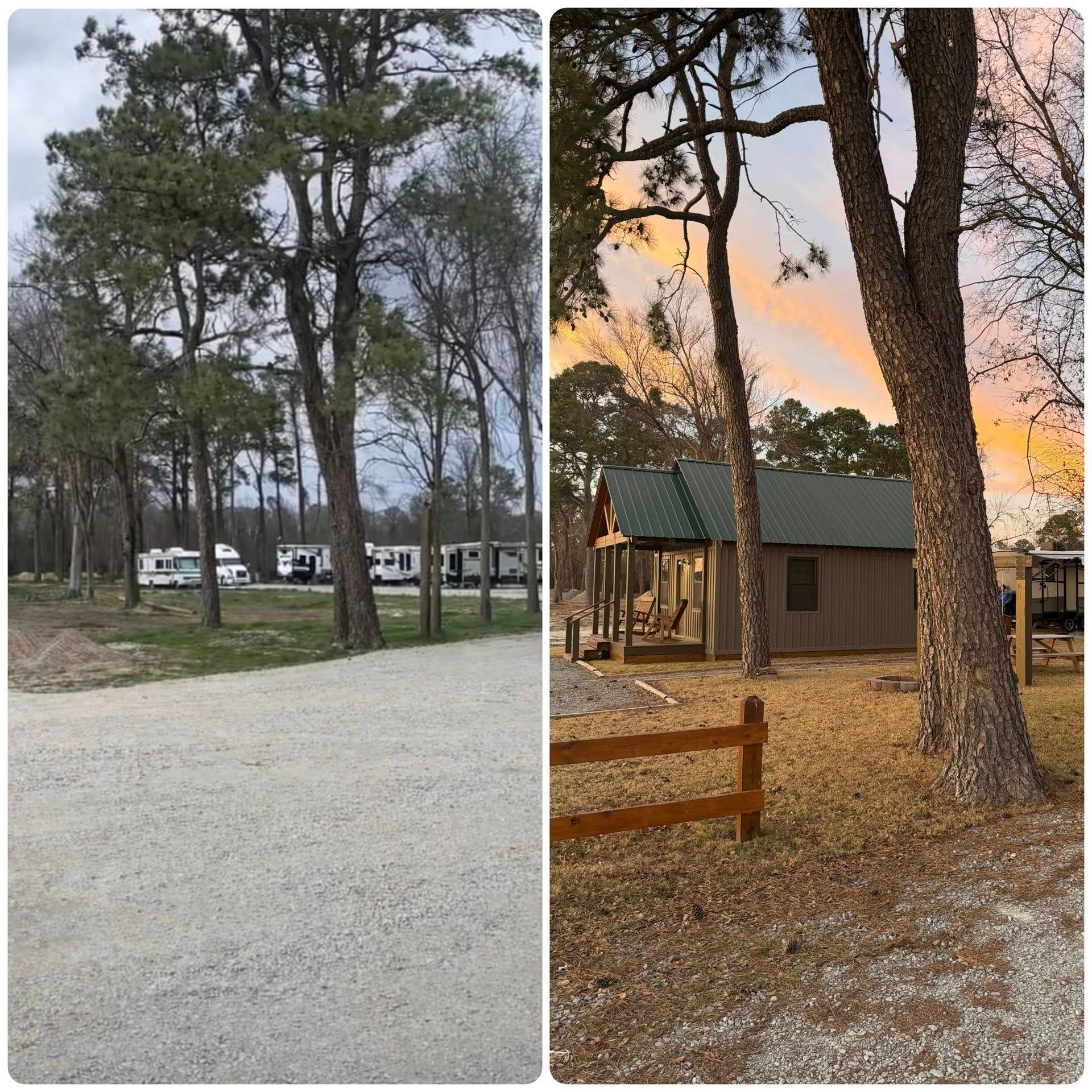 Two-panel view of a wooded campsite with gravel, cabins, tall pines, and a sunset sky