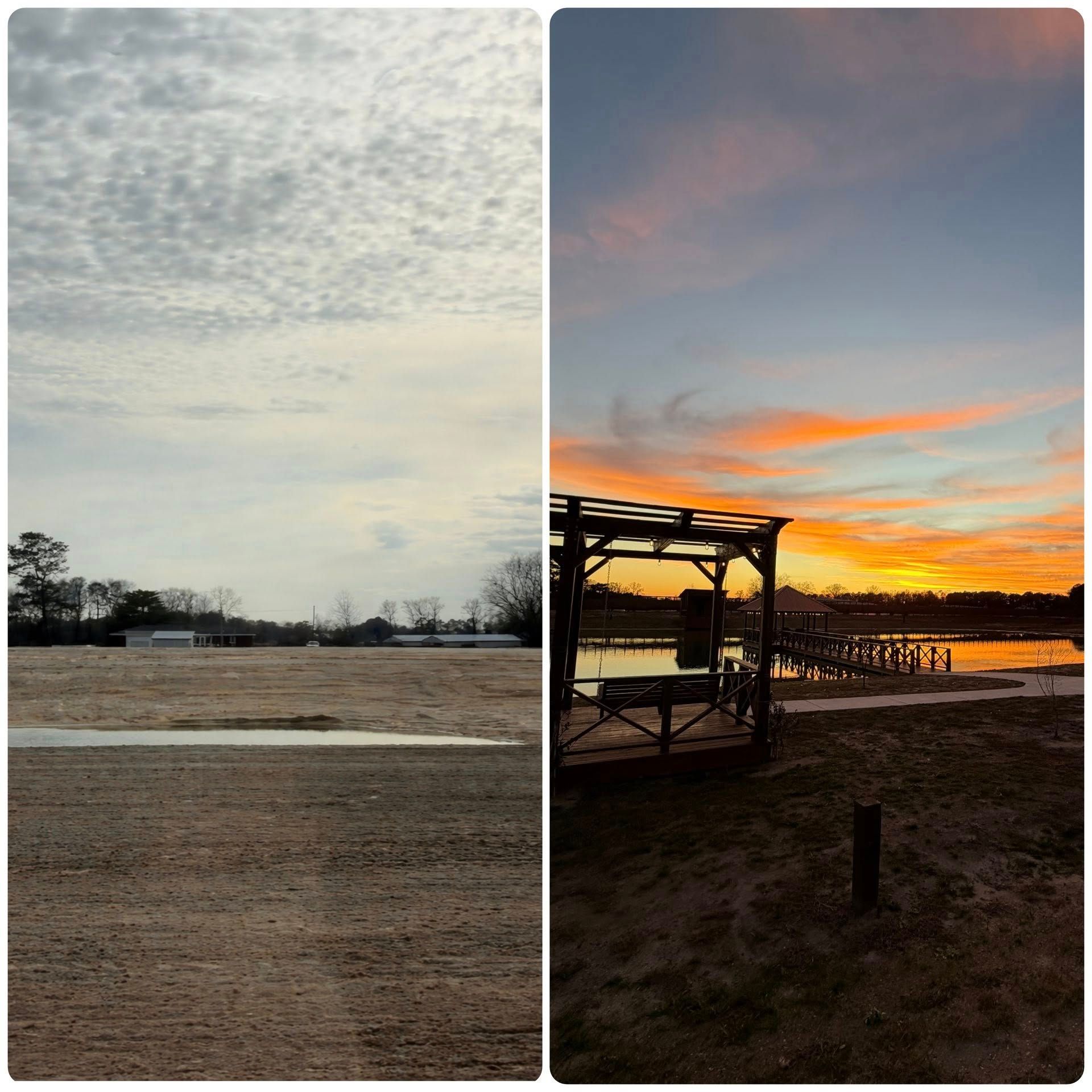 Two-panel sunset landscape over water and fields, with cloudy gray sky on the left and orange-lit clouds on the right.