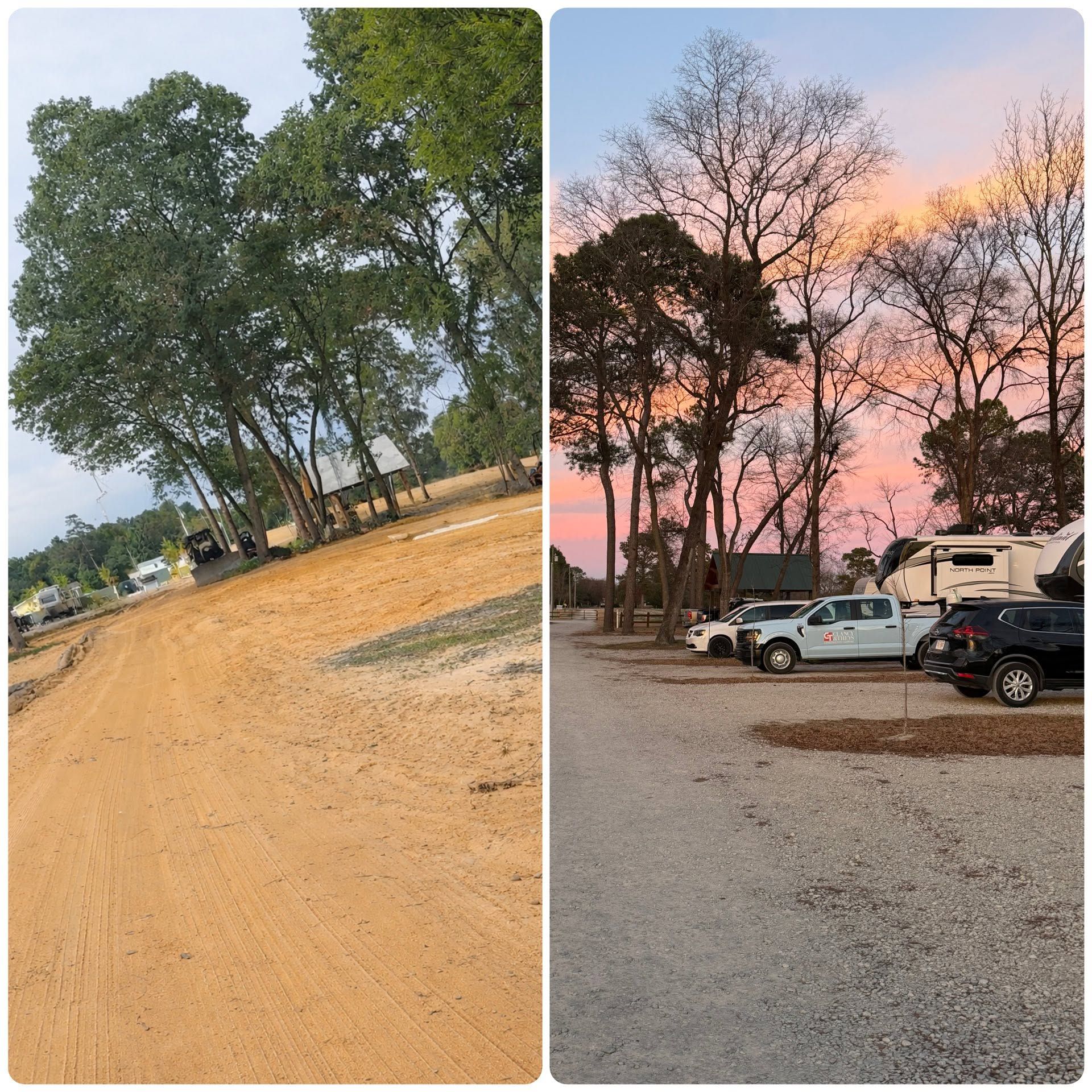 Split view of a dirt campground road with trees, parked vehicles, and sunset sky in the background
