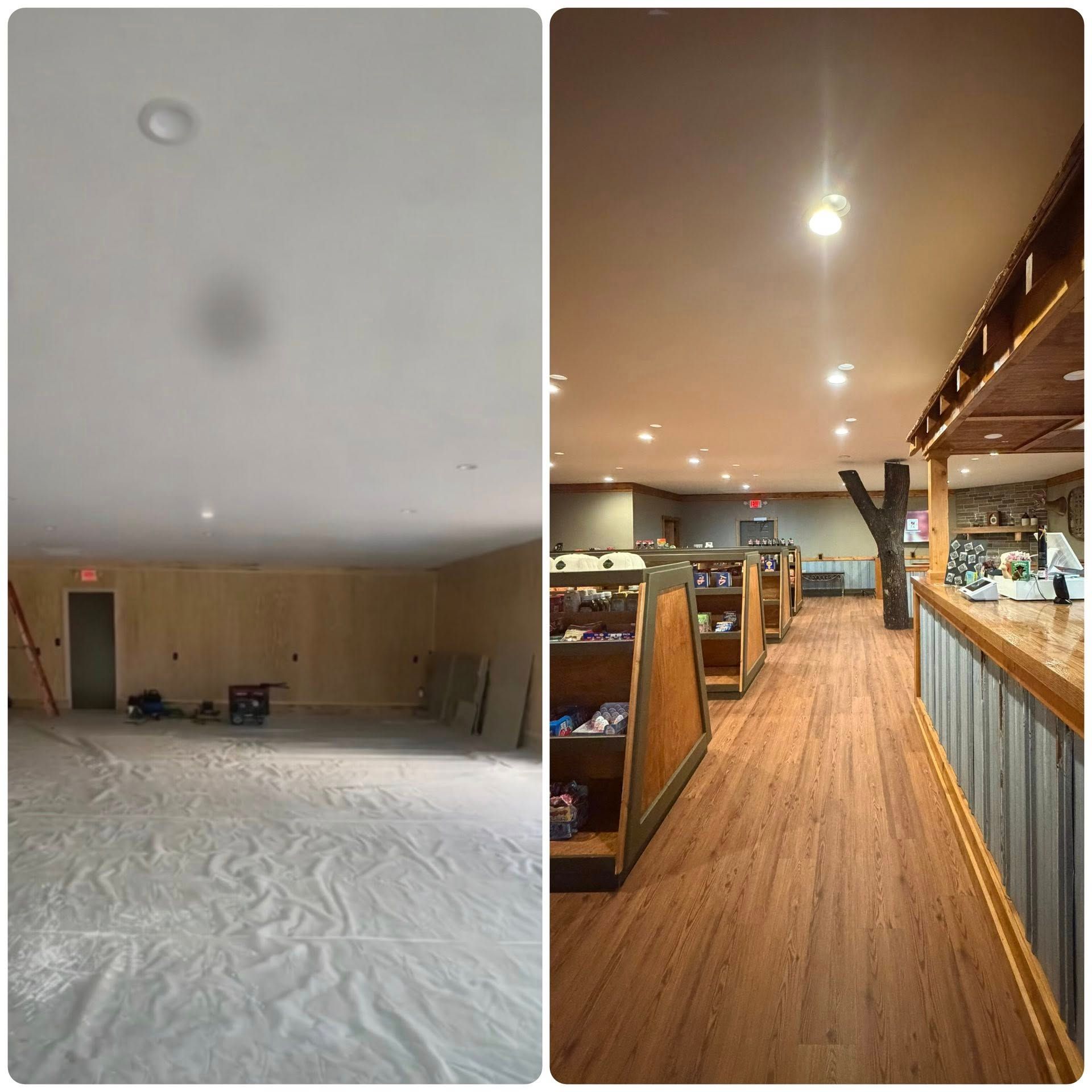 Empty interior before-and-after: unfinished room with dust, beside a warm wood-floored café with seating and lights