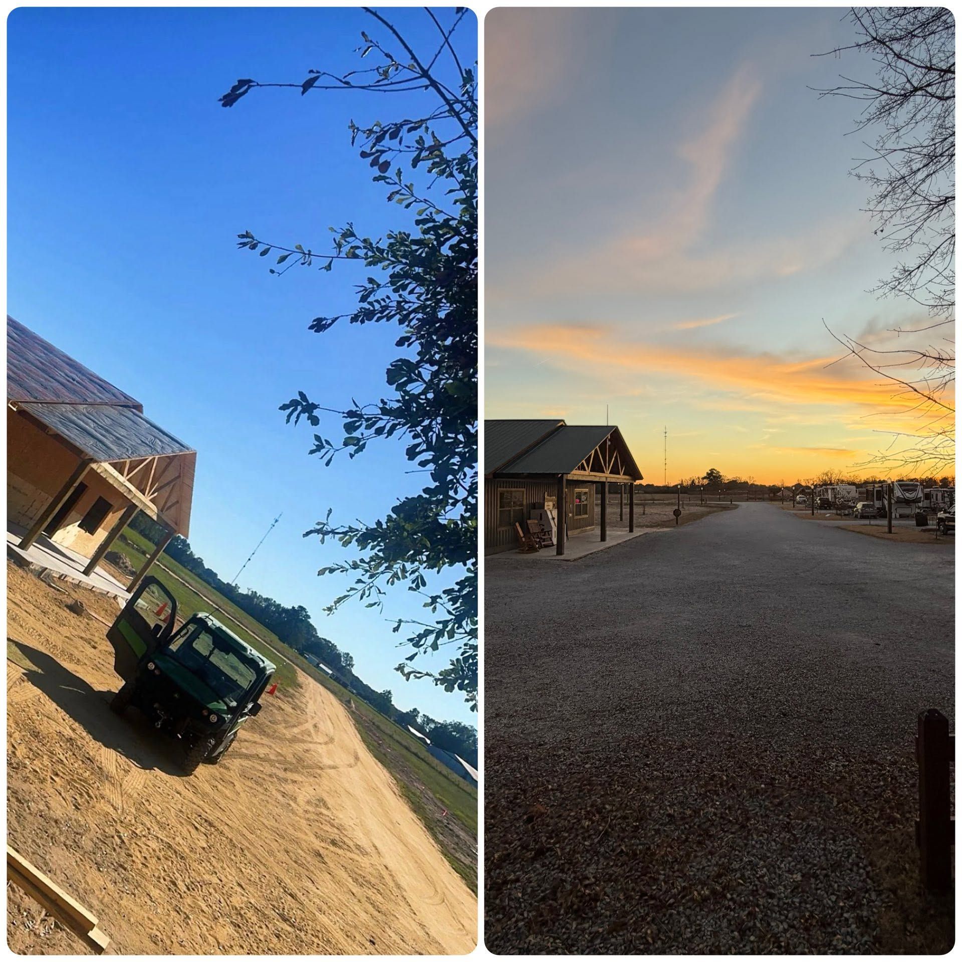 Tilted collage of a sandy beach cabin and a sunset over a gravel path with small shelters