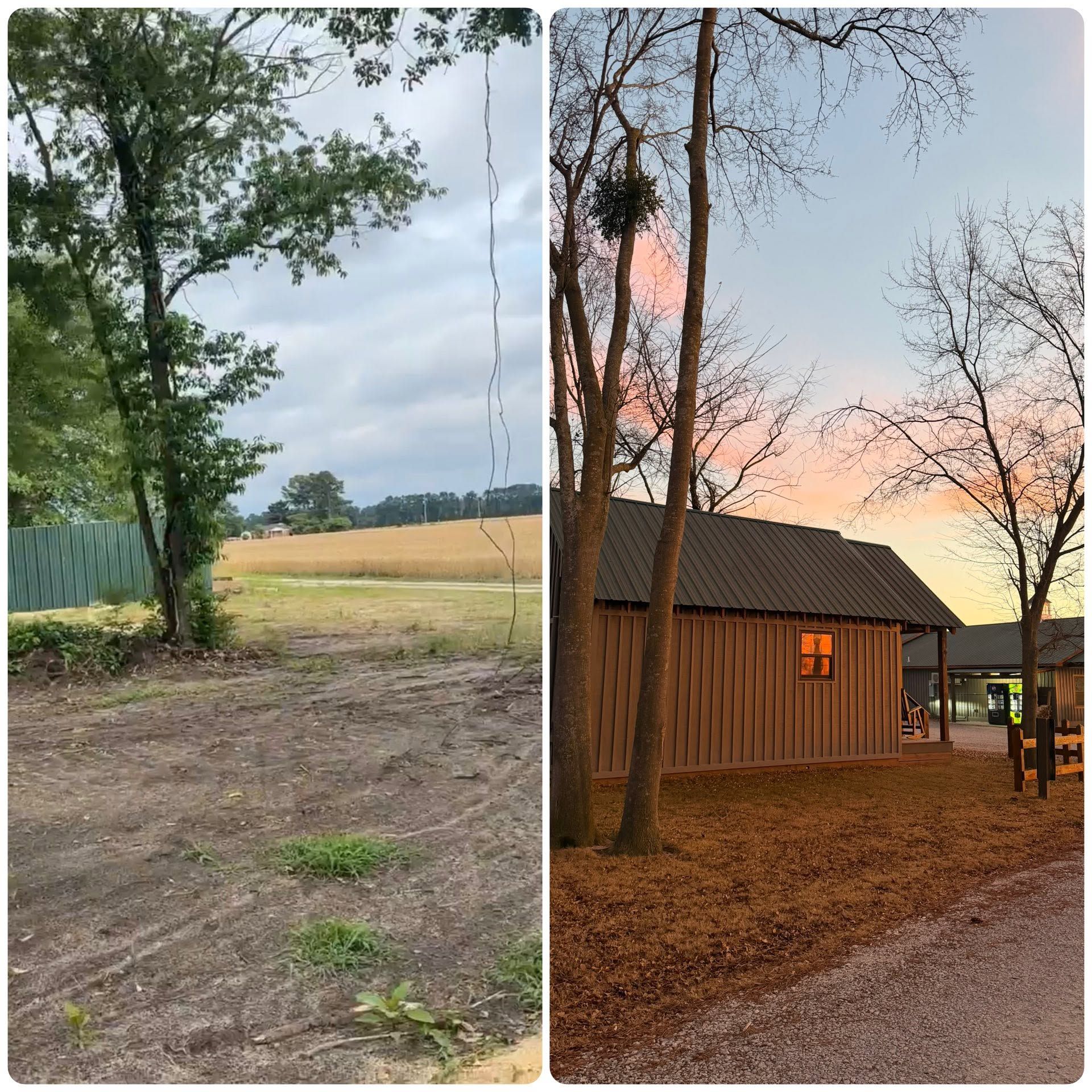 Split view of a rural barn and field, one in daylight and one at dusk with warm lights on.
