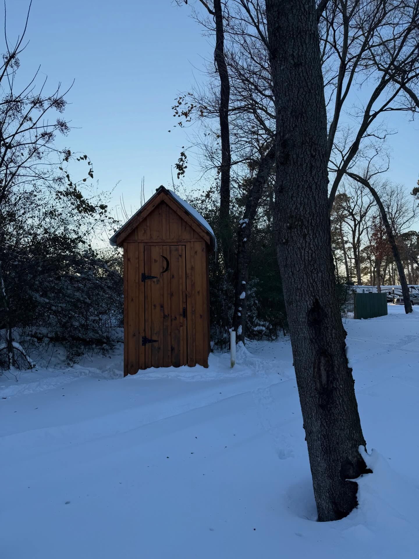 Wooden shed in a snowy yard at dusk, with trees and a large trunk in the foreground.