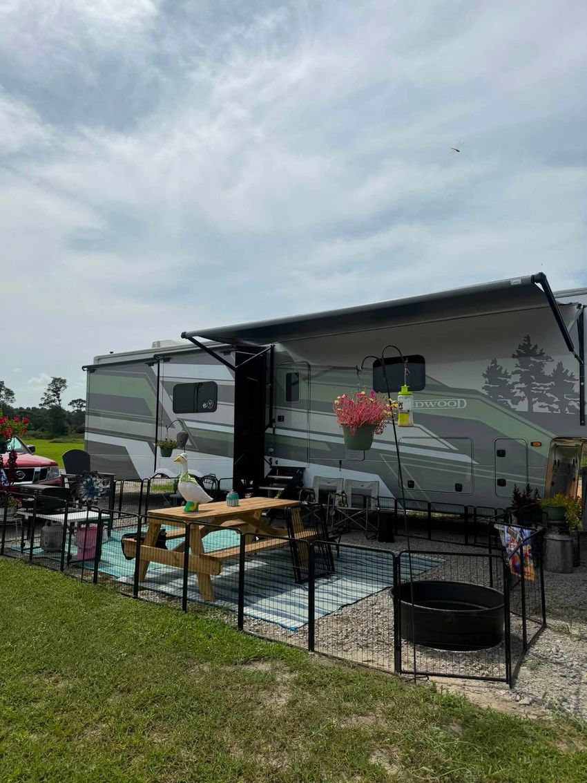 RV campground with several white trailers parked among trees under a blue sky