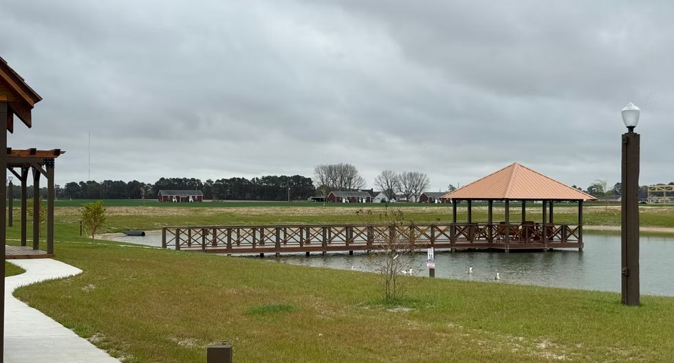 Gazebo over a flooded lawn beside a wooden walkway under cloudy skies