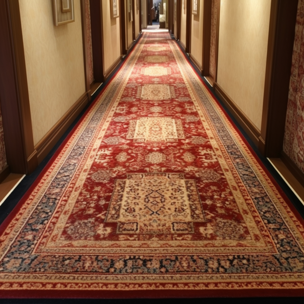 A long hallway with a rug on the floor