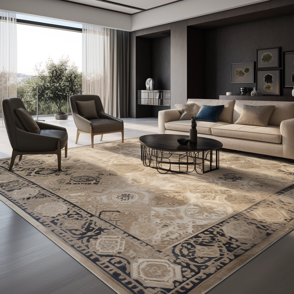 A living room with a couch and chairs and a rug