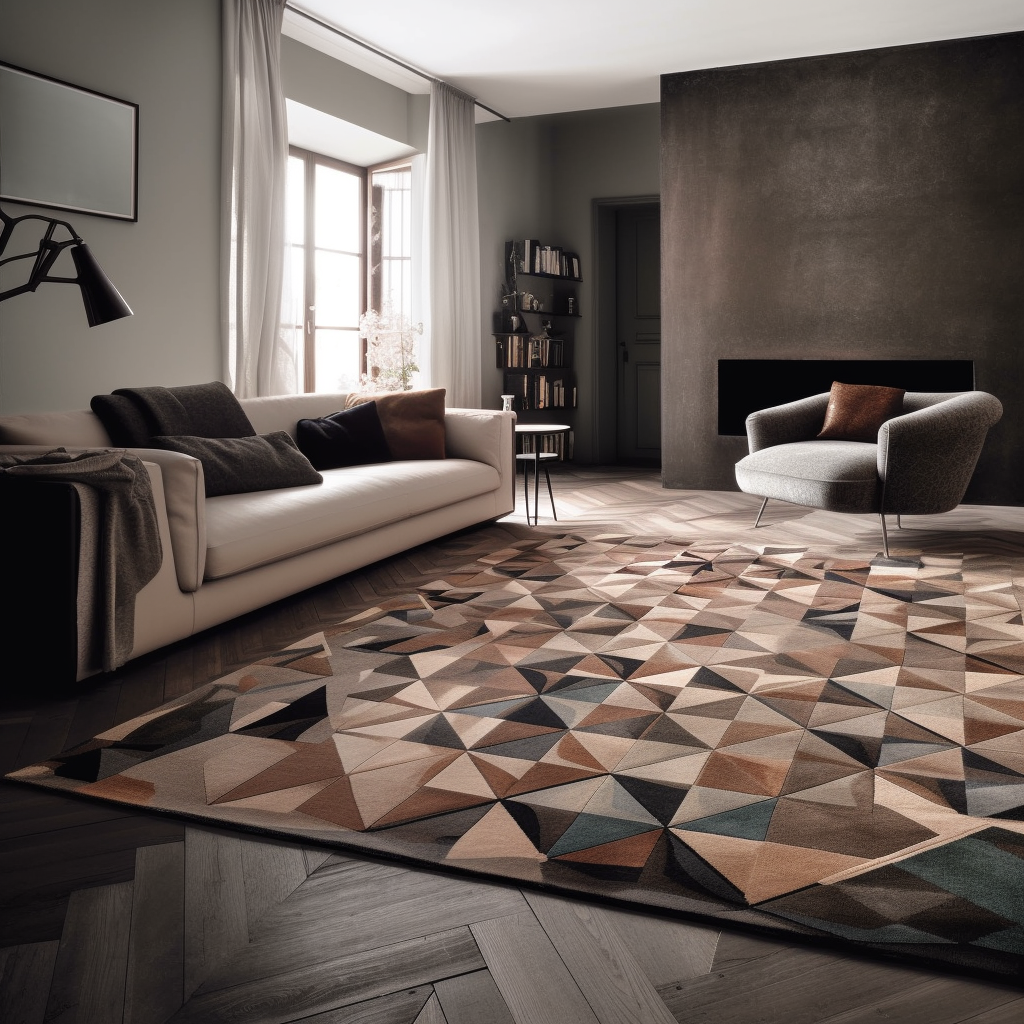 A living room with a couch a chair and a rug