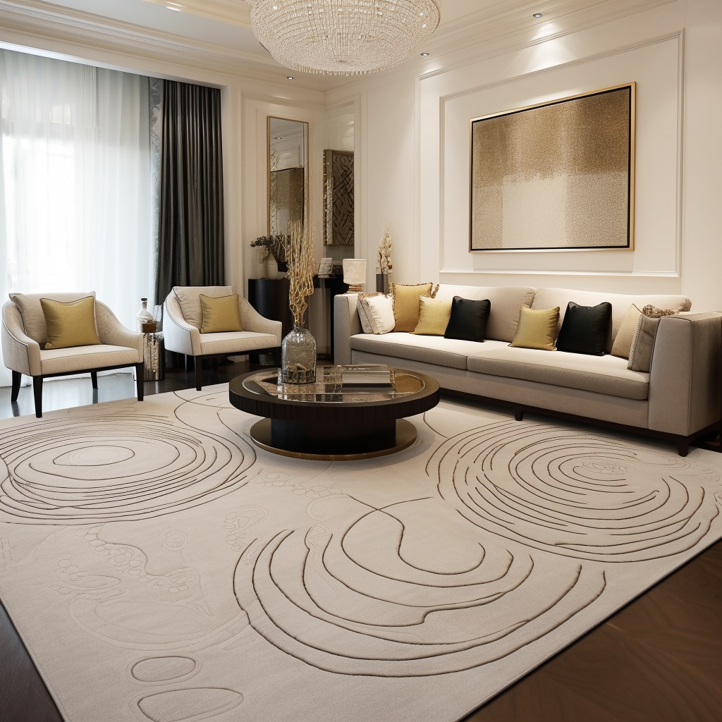 A living room with a couch and chairs and a rug