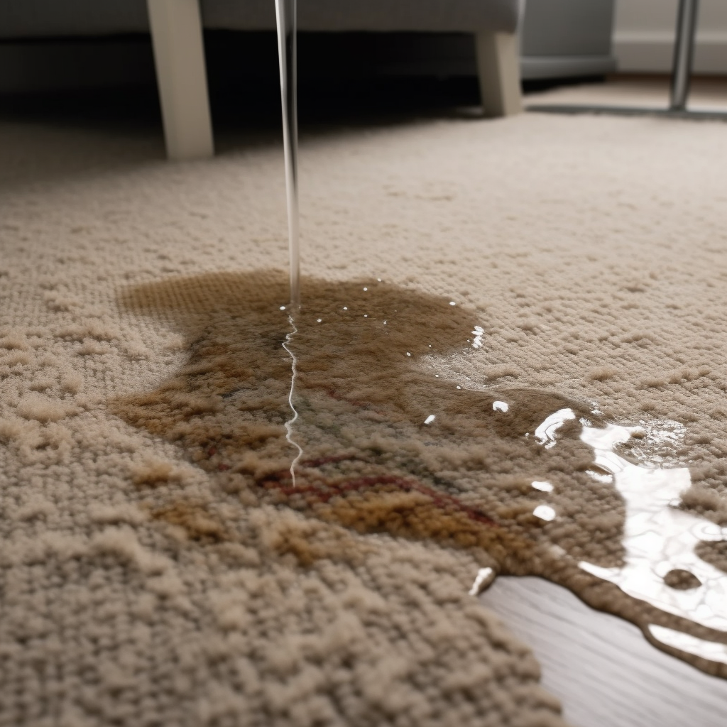 Water is pouring on a carpet in a living room