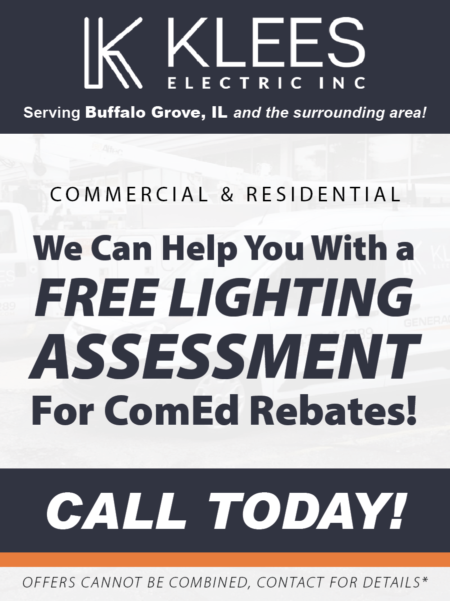 Klees Electric Inc. flyer for a free lighting assessment for ComEd rebates in Buffalo Grove, IL and surrounding areas.