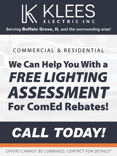 Klees Electric Inc. flyer for a free lighting assessment for ComEd rebates in Buffalo Grove, IL and surrounding areas.