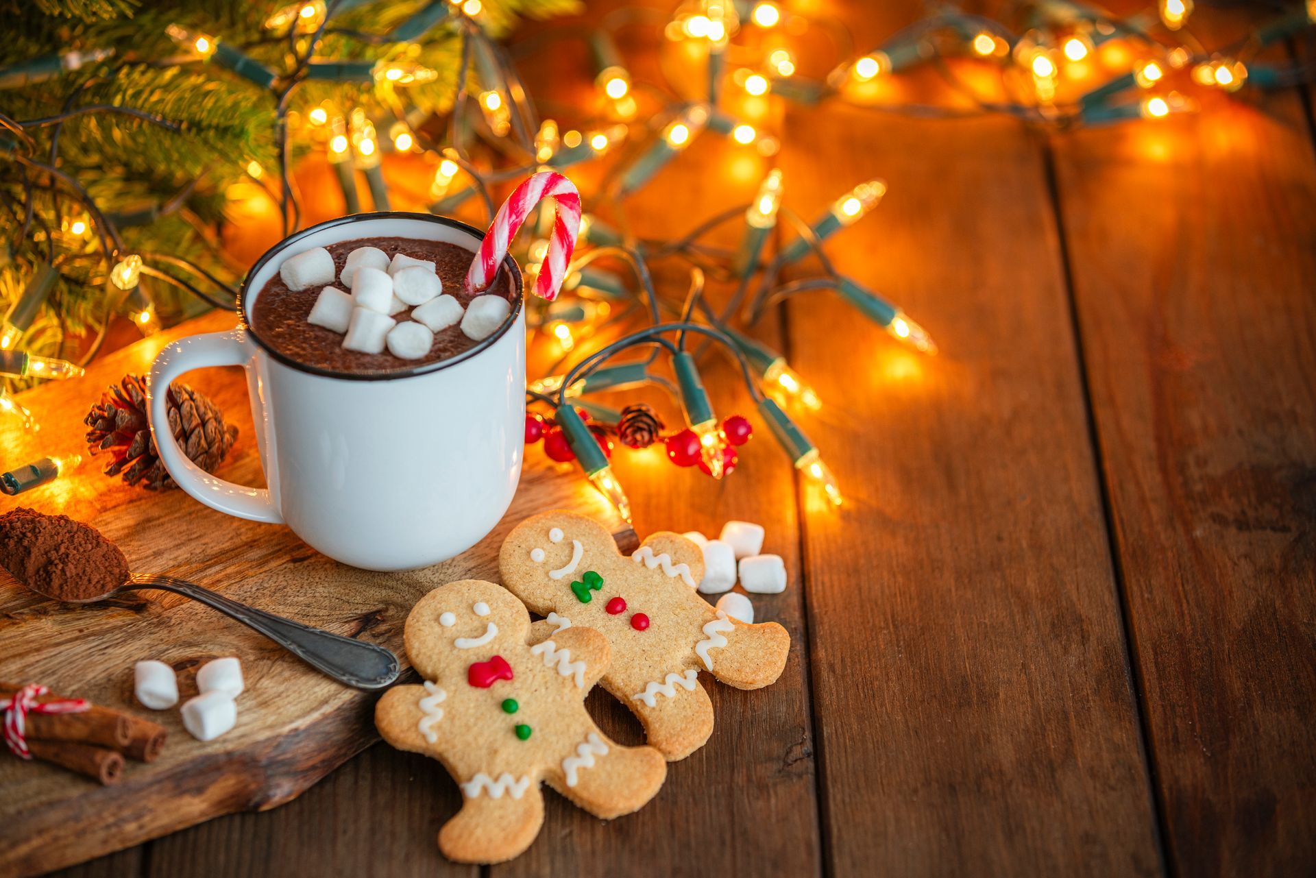 Home decorated with holiday lights, cookies, and hot chocolate while following safety precautions.