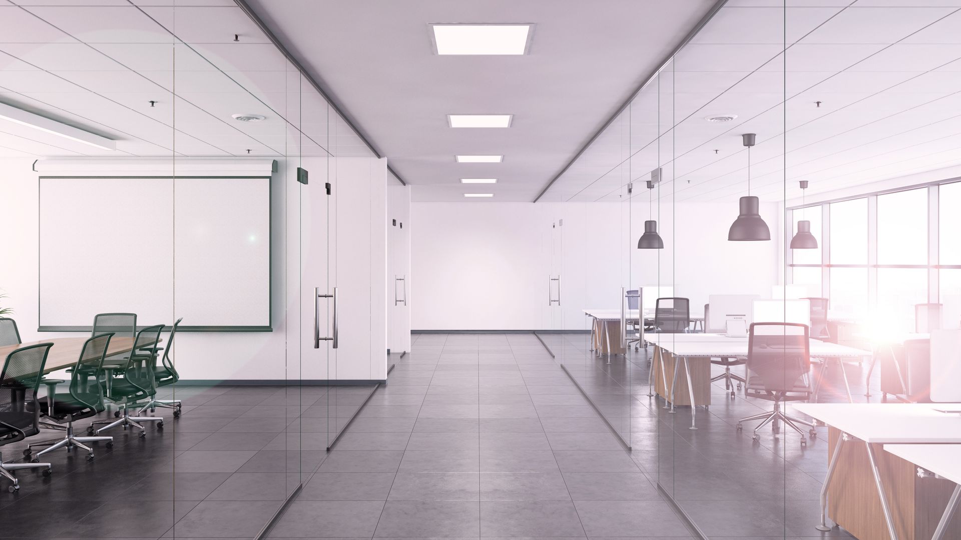 Modern office interior with updated lighting, electrical infrastructure, and workspace amenities.