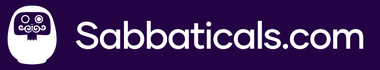Logo for Sabbaticals.com, featuring a white Daruma doll-like head with text on a dark purple background.