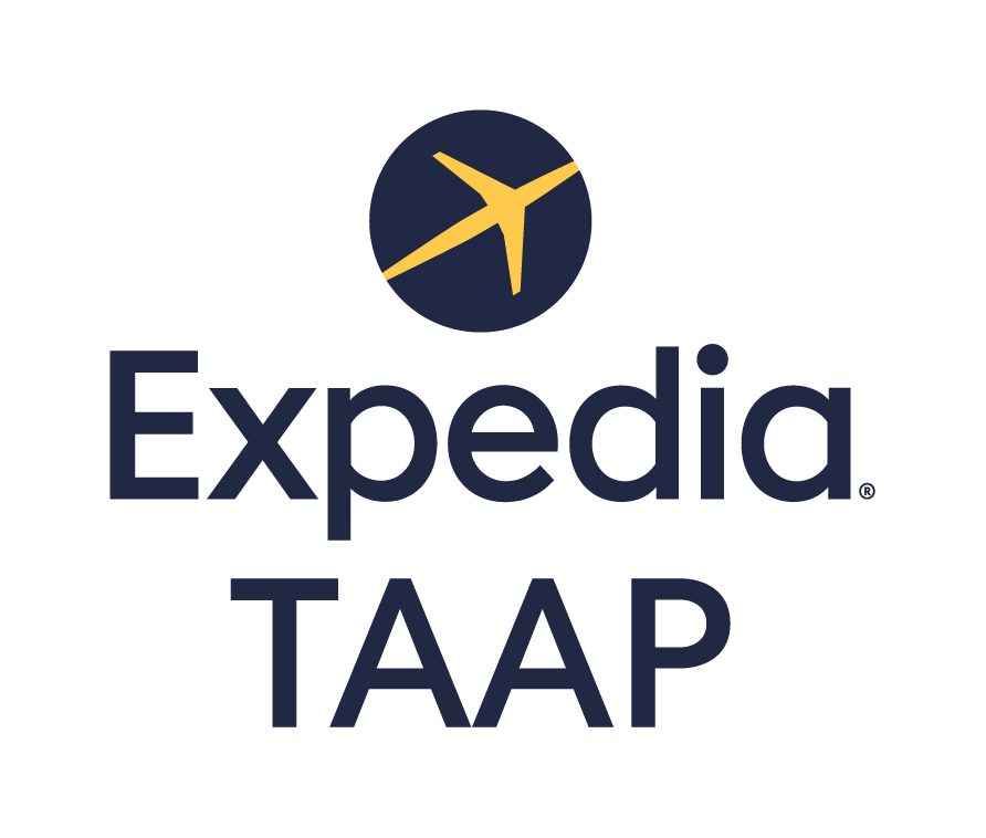 Expedia TAAP logo: dark blue circle with yellow plane, Expedia and TAAP text below.