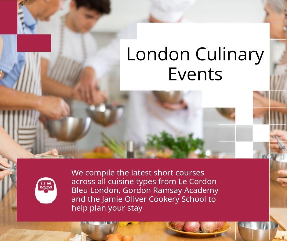 London Culinary Events ad with chefs cooking and tasting at a class, white title and red info box