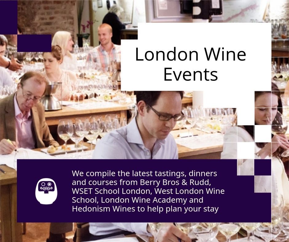 London Wine Events ad with people tasting wine at a long table, purple text banner