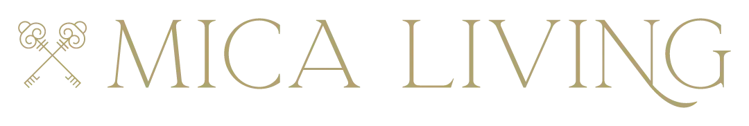 MICA LIVING logo with gold crossed keys icon.