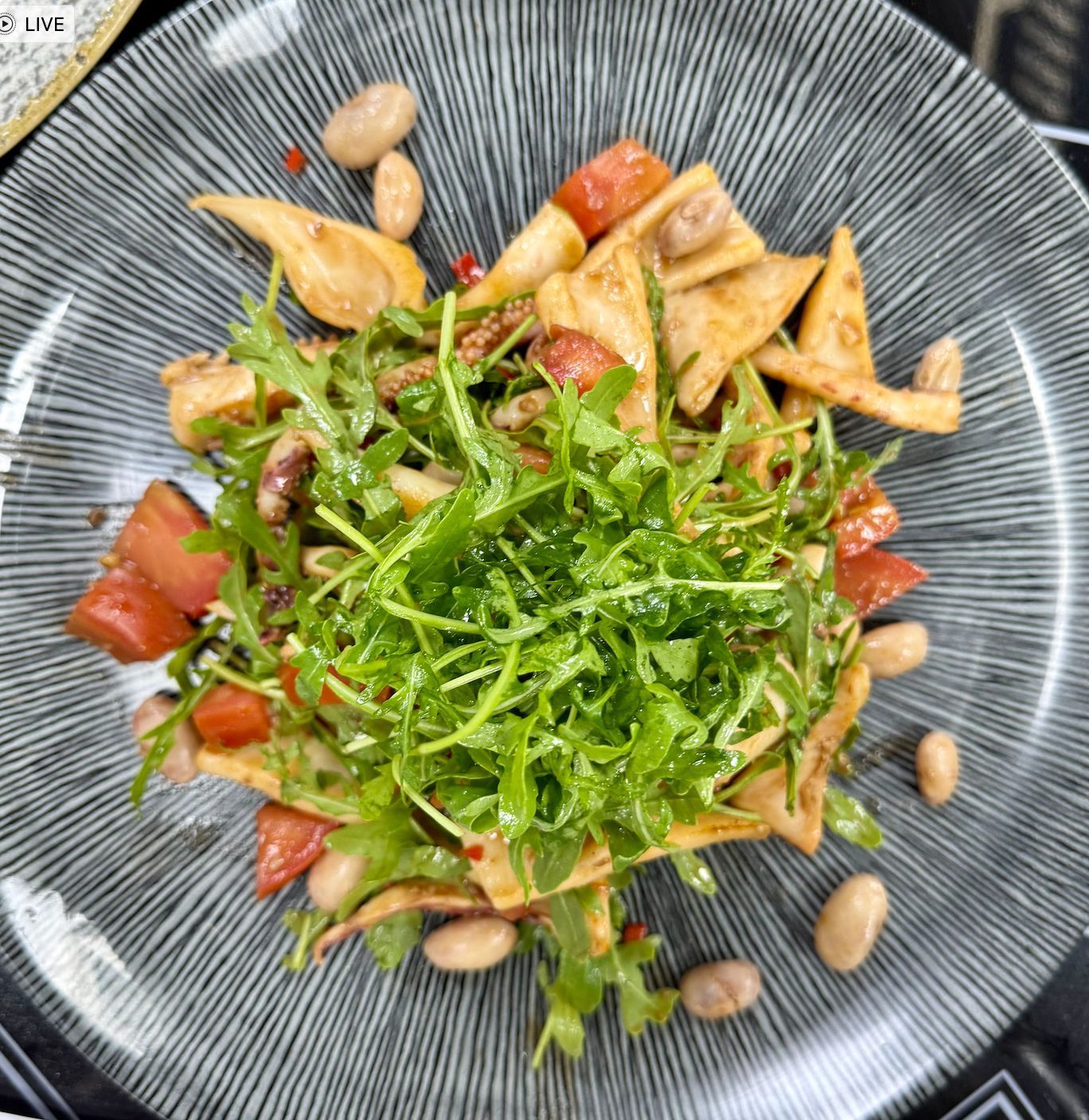 Salad with arugula, tomatoes, beans, and fried bread on a gray, patterned plate.