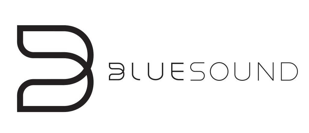 Black stylized “B” logo with the word “BLUESOUND” in gray on a white background