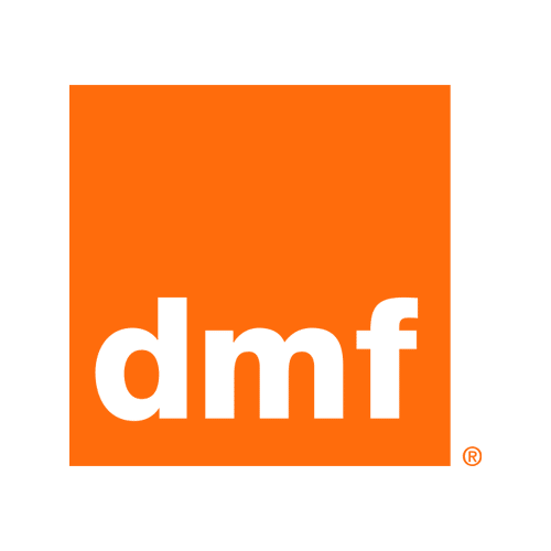 Orange square logo with white “dmf” text and a small registered trademark symbol.
