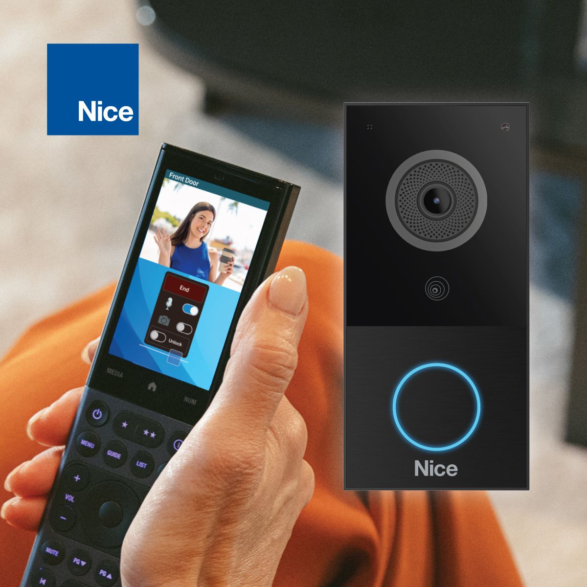 Hand holding a Nice video doorbell and smartphone showing the camera feed, with a blue-lit ring on the doorbell