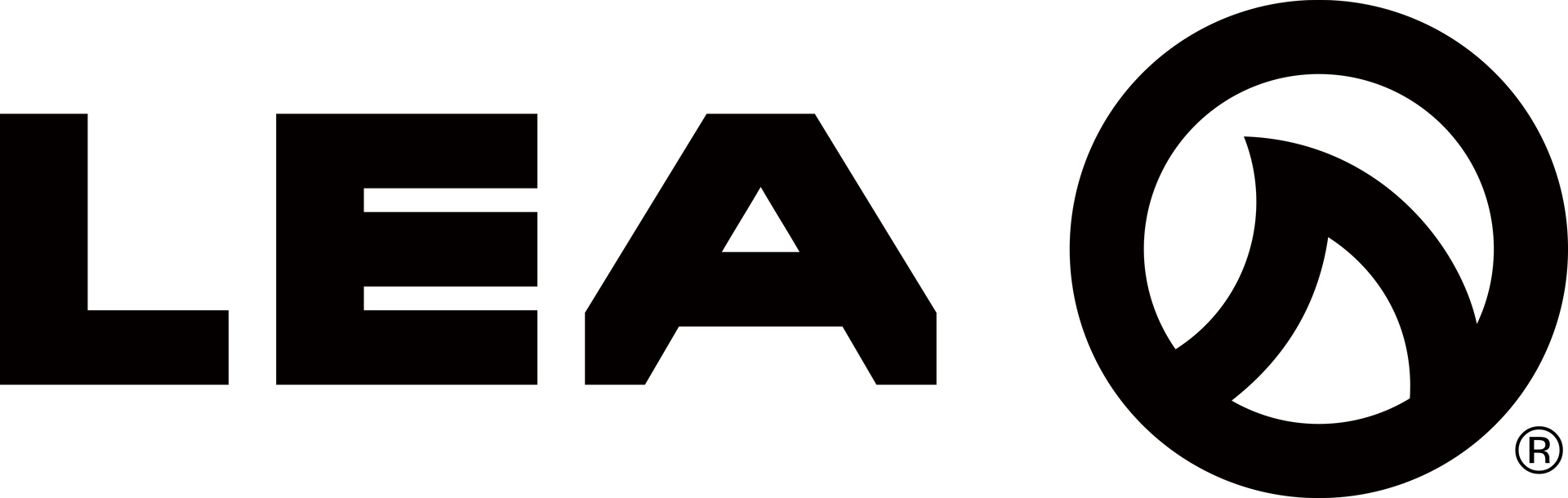LEA logo in black with stylized circular emblem on a white background