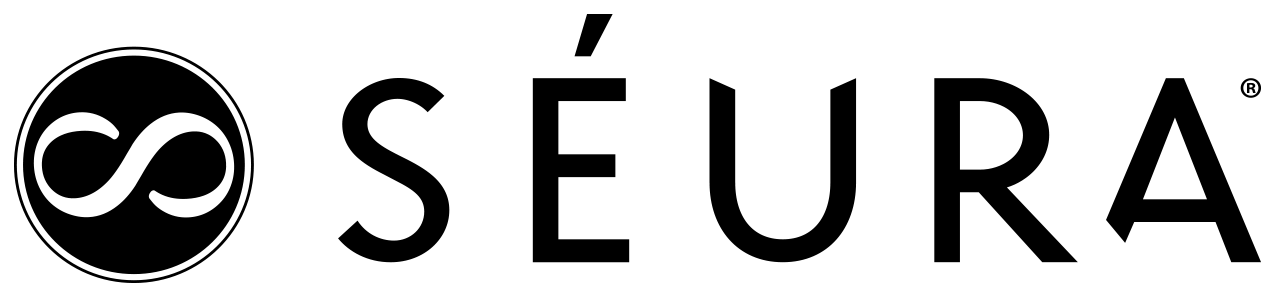 Séura logo with black infinity icon and gray wordmark on white background