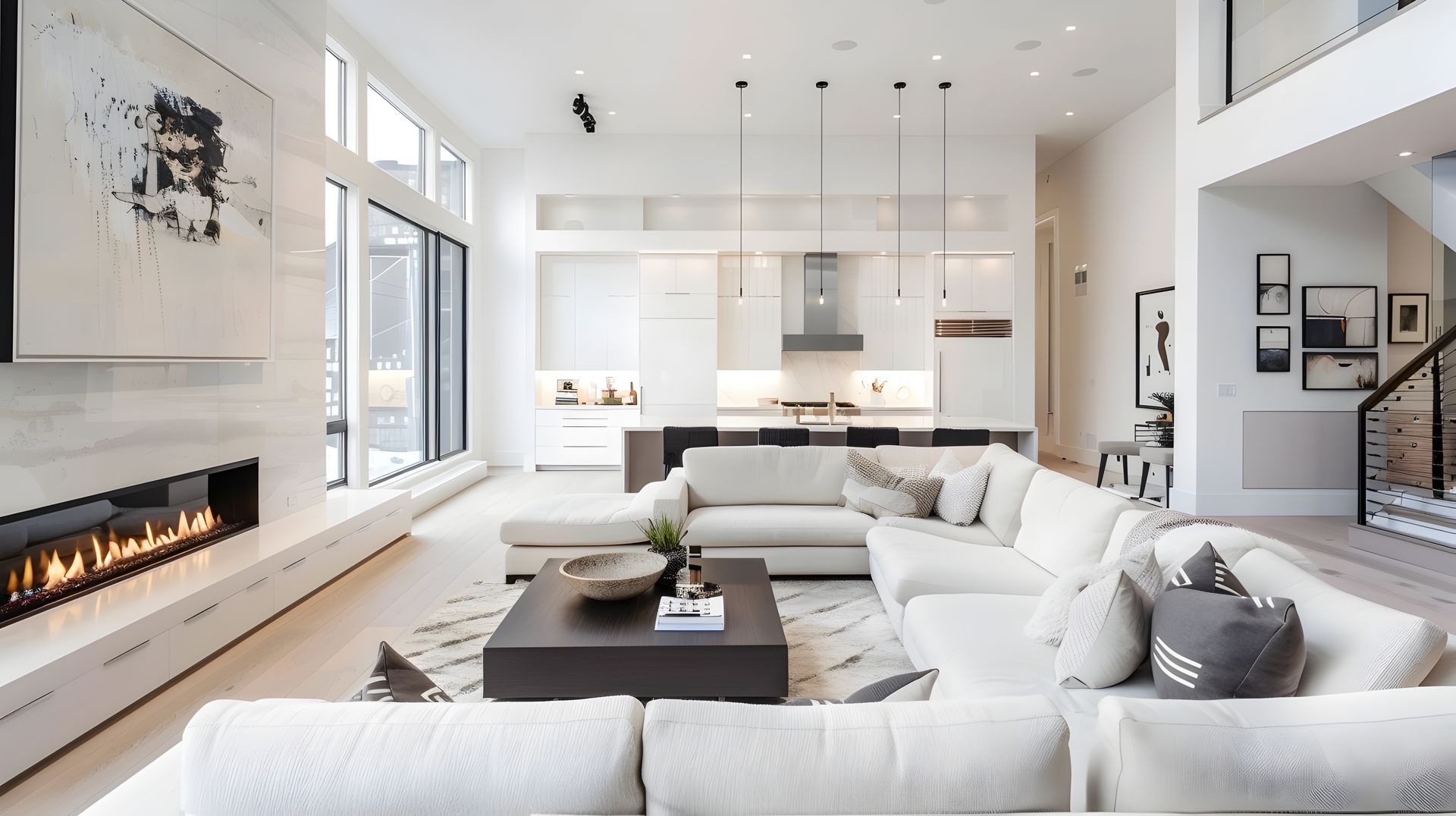 Bright modern white living room with fireplace, sectional sofa, and kitchen in the background