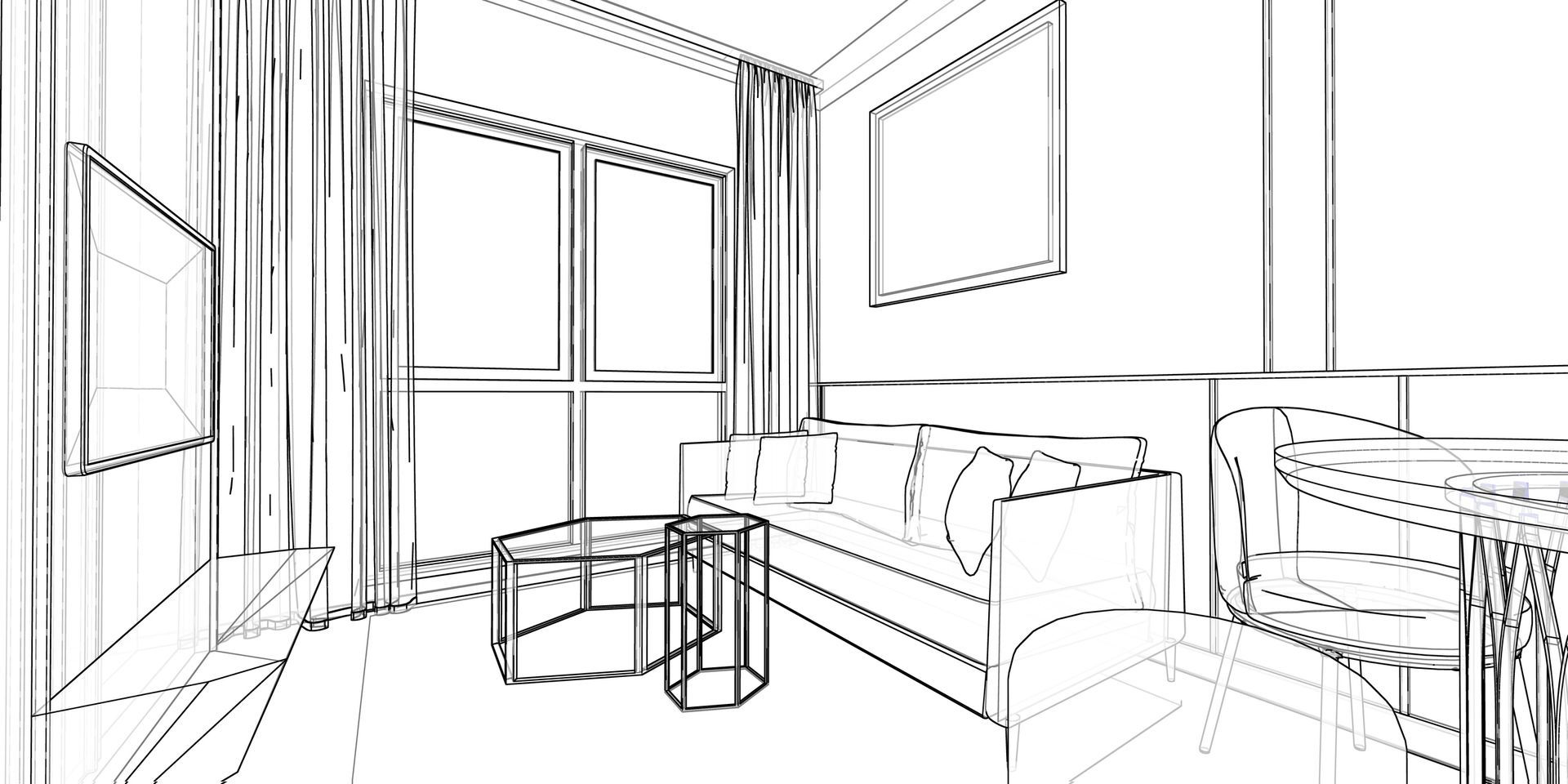 Disegno a tratteggio dell'interno di un soggiorno con divano, tavolo, finestra e TV.