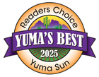 Readers Choice badge for Yuma’s Best 2025, with orange, purple, green, and black design; Yuma Sun on ribbon Readers Choice badge for Yuma’s Best 2025, with orange, purple, green, and black design; Yuma Sun on ribbon