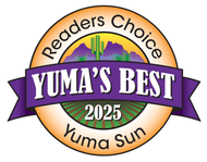 Readers Choice badge for Yuma’s Best 2025, with orange, purple, green, and black design; Yuma Sun on ribbon Readers Choice badge for Yuma’s Best 2025, with orange, purple, green, and black design; Yuma Sun on ribbon
