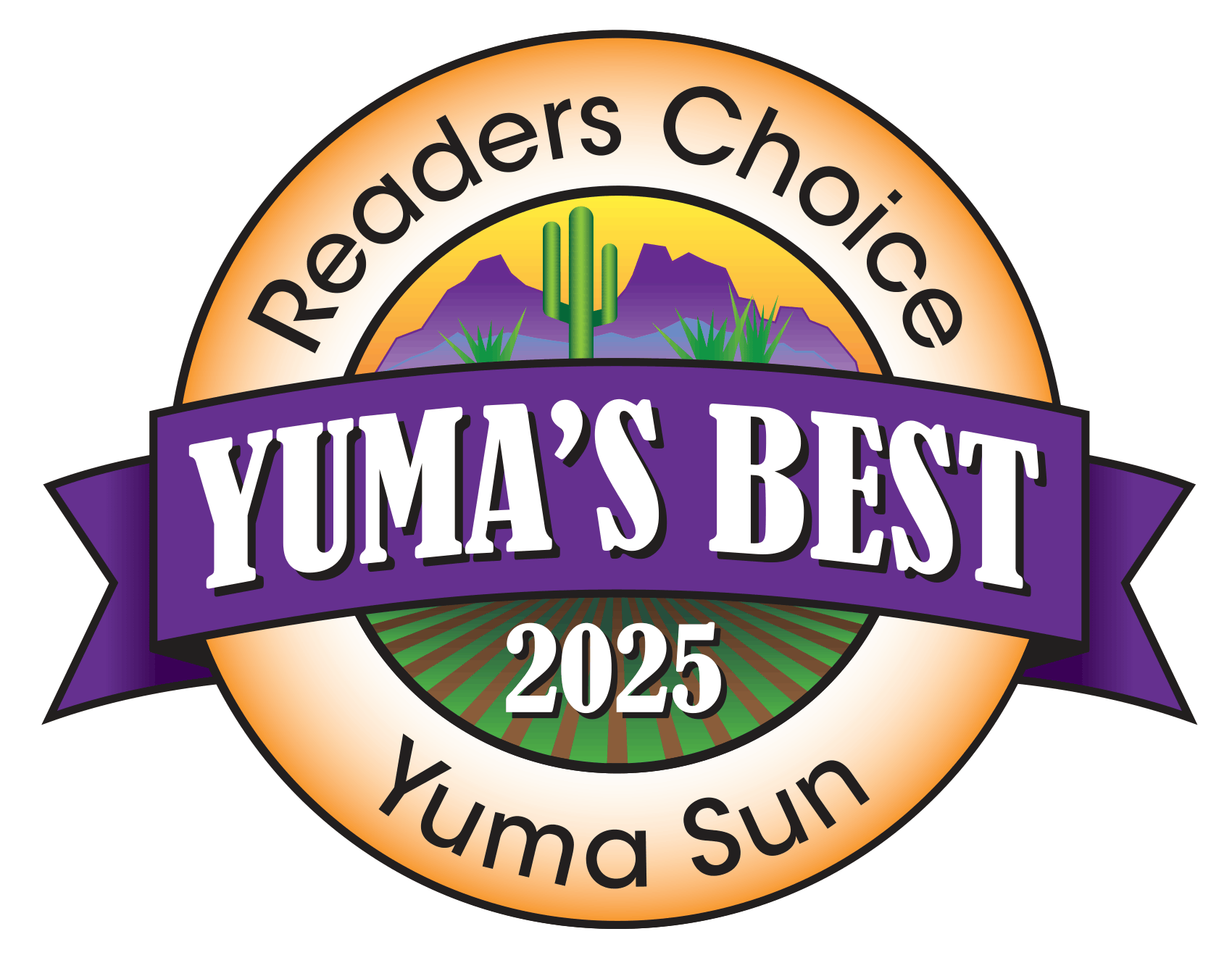 Readers Choice badge for Yuma’s Best 2025, with orange, purple, green, and black design; Yuma Sun on ribbon