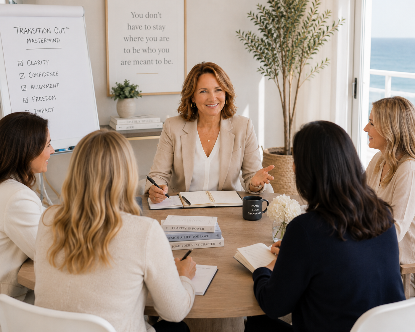 Business meeting with five people around a table, led by a woman in a bright office near a window— Michelle Crutcher Business Coaching & Consulting in The Entrance North, NSW