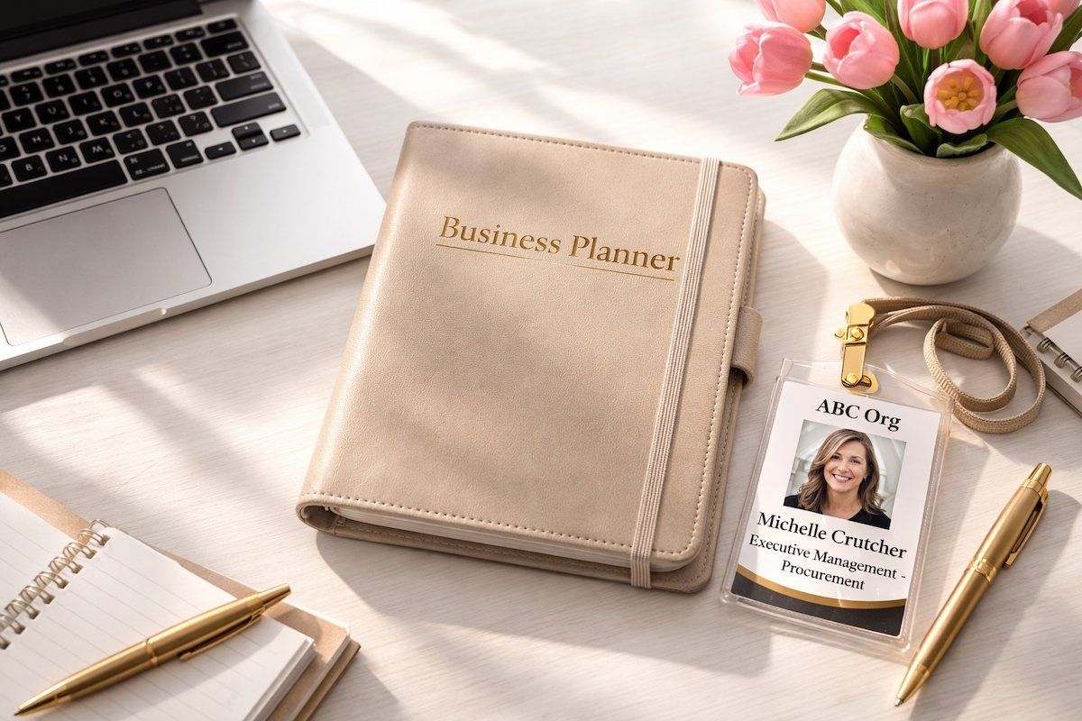 A Beige Business Planner, A Laptop and Pens — Michelle Crutcher Business Coaching & Consulting in The Entrance North, NSW
