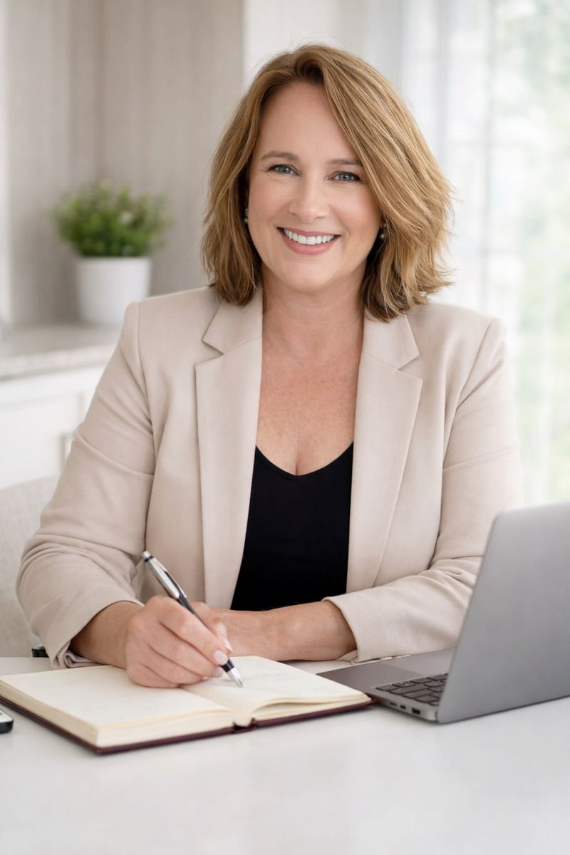Smiling Woman With Blonde Hair Sits at a Desk — Michelle Crutcher Business Coaching & Consulting in The Entrance North, NSW
