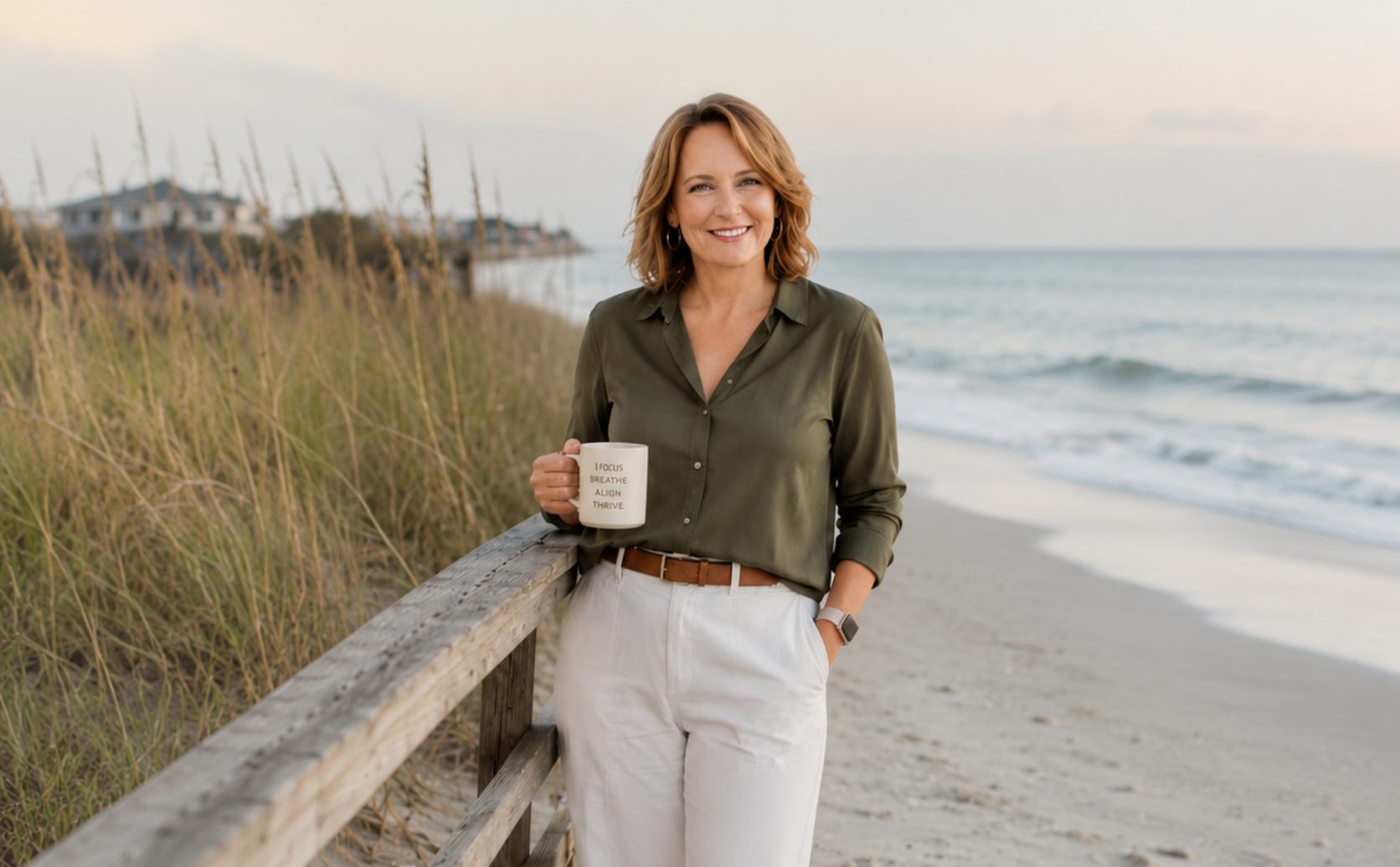 Michelle Crutcher by the beach drinking a cup of coffee.  Used in an article for 