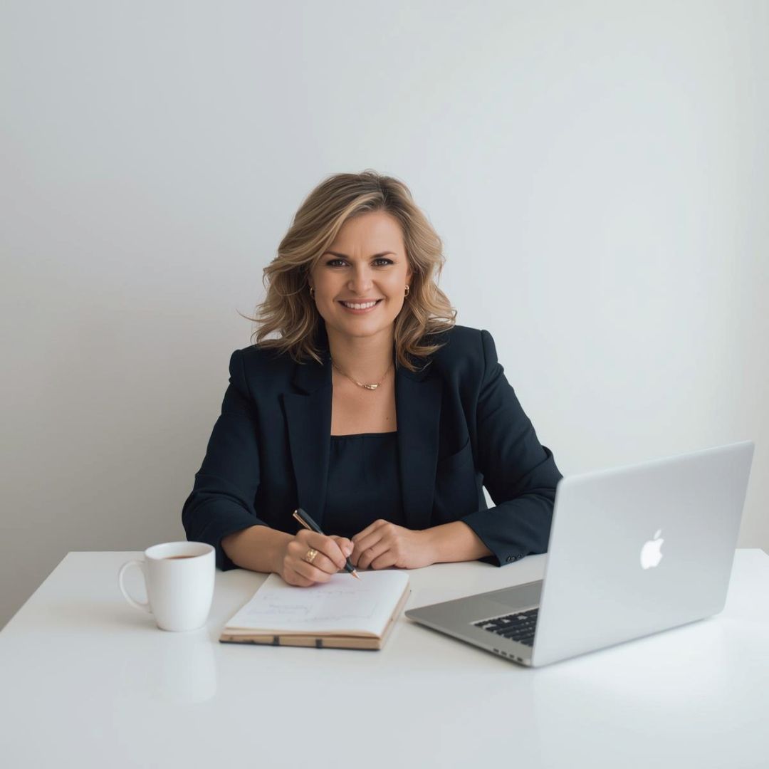 A Woman Sits At A White Desk With A Laptop โ Michelle Crutcher Business Coaching & Consulting in The Entrance North, NSW