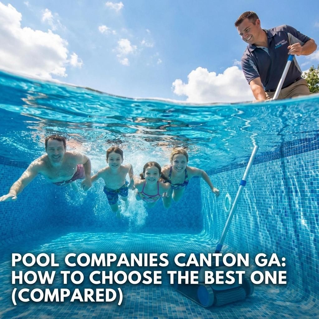 Family swimming in pool, worker cleaning it. Blue water, sunny day. Canton, GA pool companies ad.