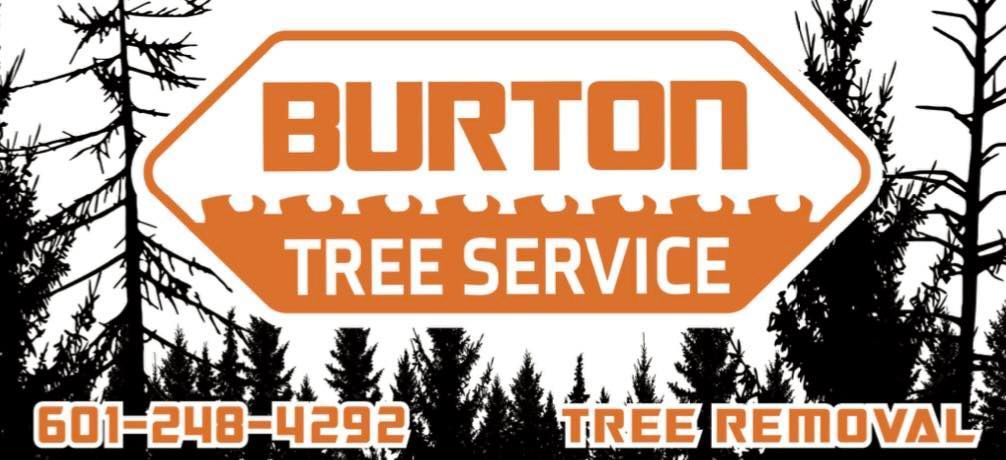 A logo for burton tree service with trees in the background