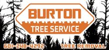 A logo for burton tree service with trees in the background