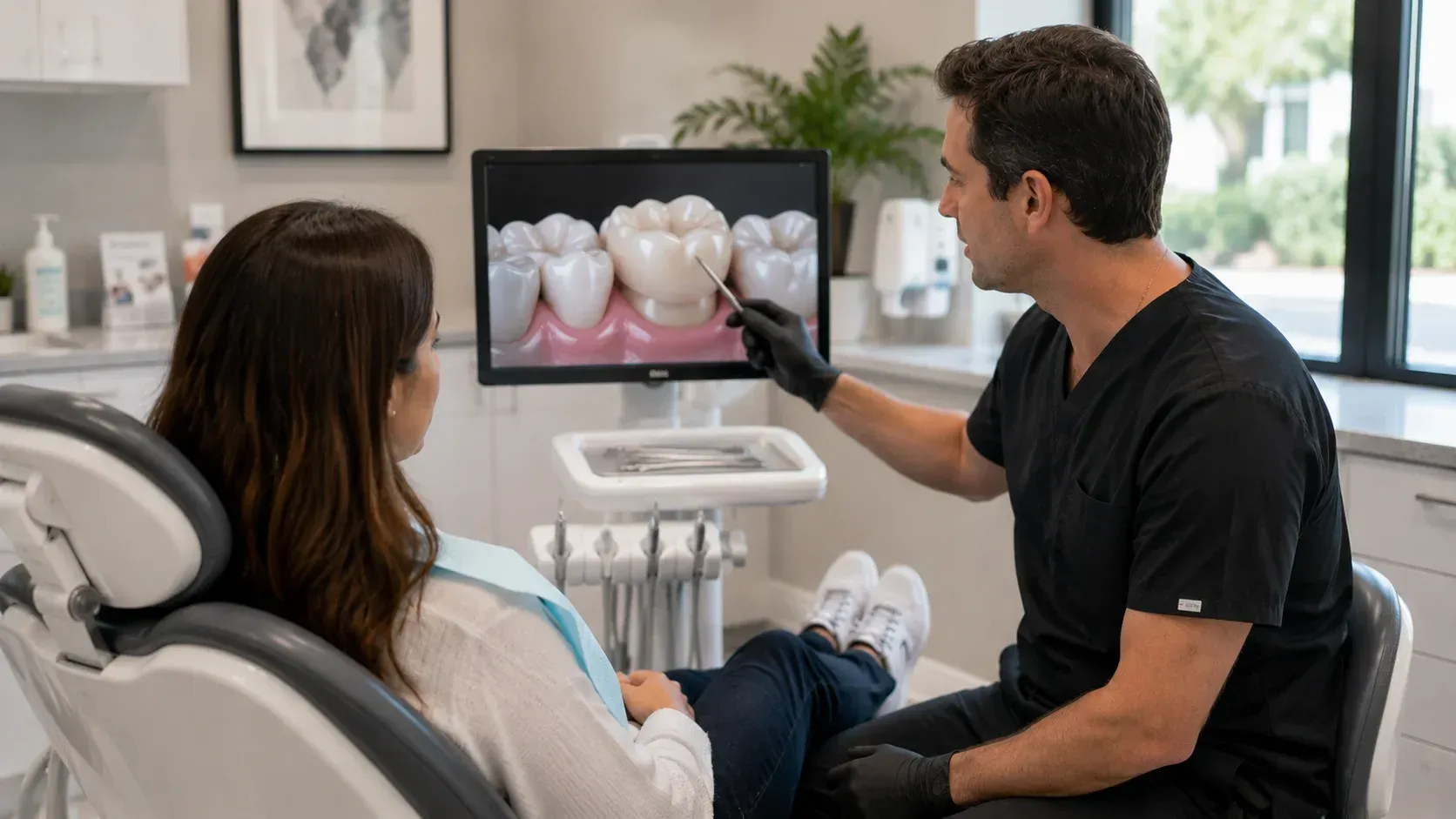 Dentist discussing a crown model on monitor with a patient: need a dental crown.