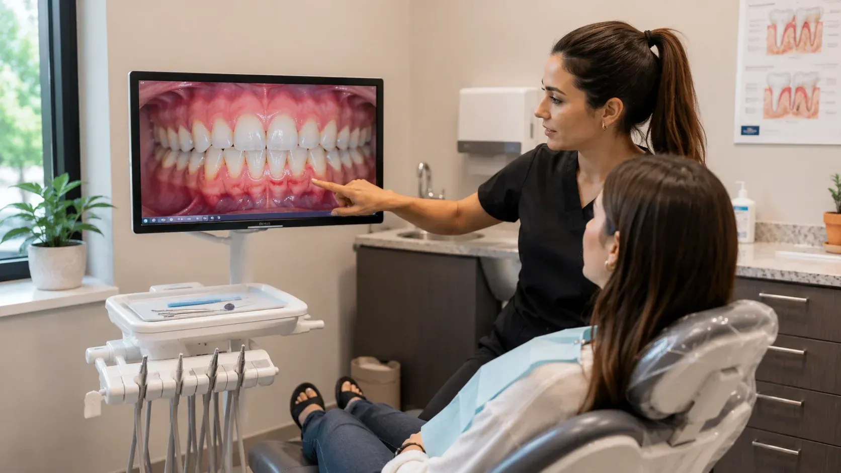 Dentist pointing at tooth display: signs of gum disease to watch in West Palm Beach.