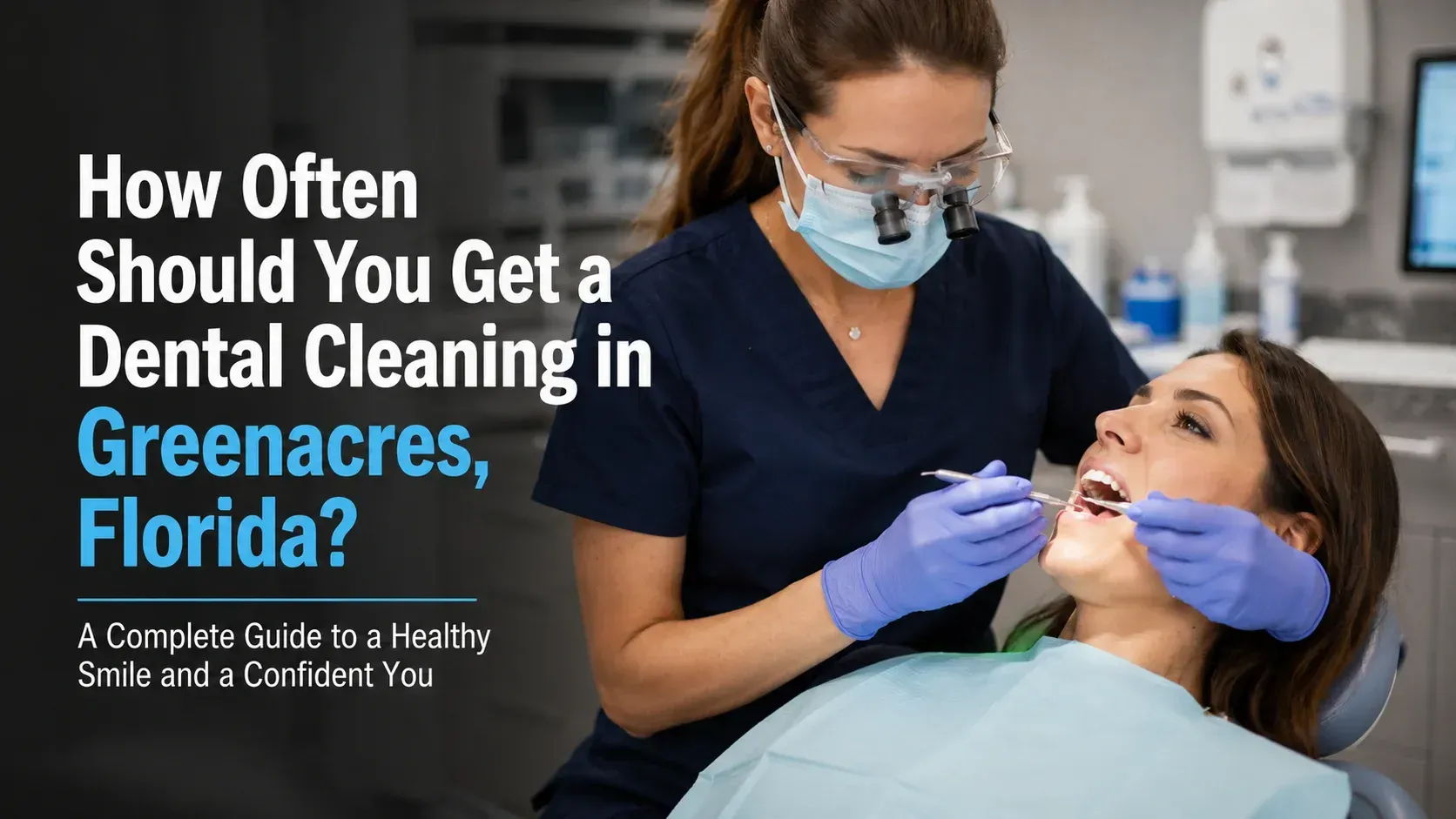A female dentist wearing a face mask, protective glasses, and blue gloves examines a patient's teeth in a dental chair, illustrating the guide on How Often Should You Get a Dental Cleaning in Greenacres, Florida?
